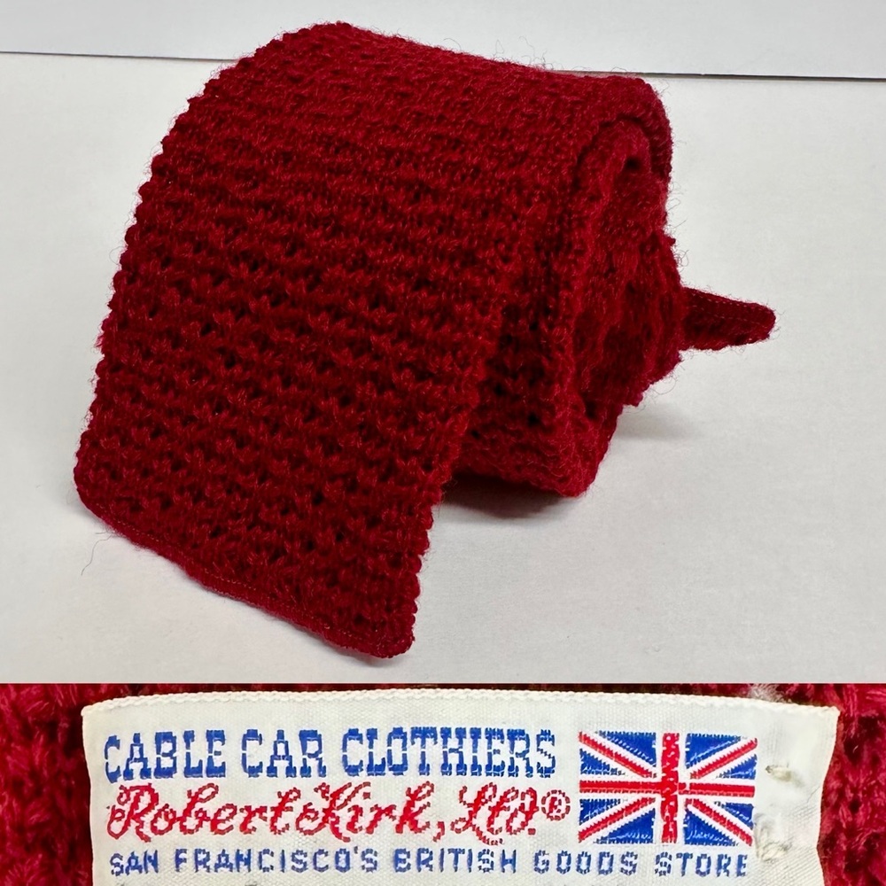 Vintage Wool CABLE CAR CLOTHIER San Francisco Red Knit Blunt-End Knit Tie 3”
